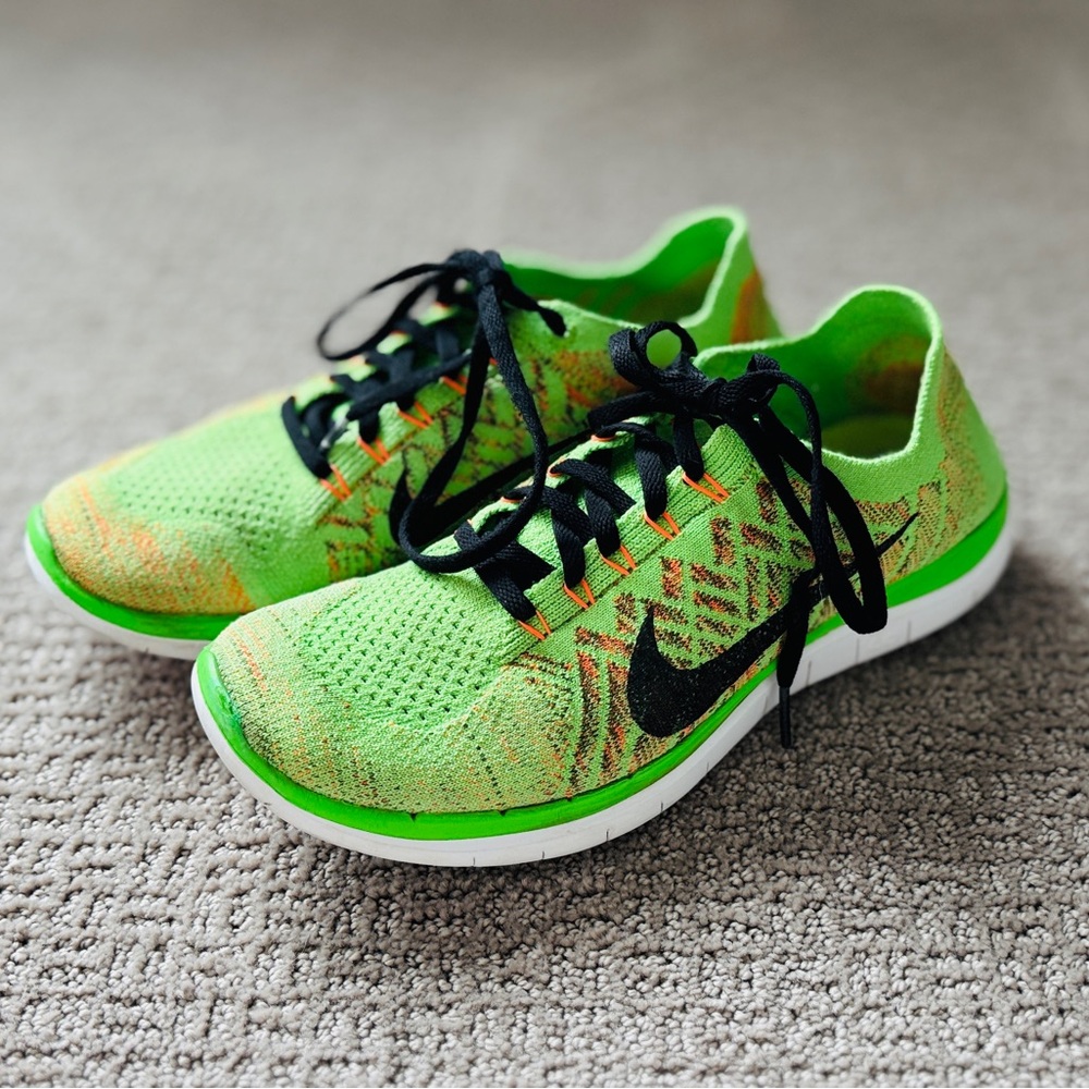 Nike Free 4.0 Flyknit Neon Green and Orange Colorway Sneakers men's size 7.5 US